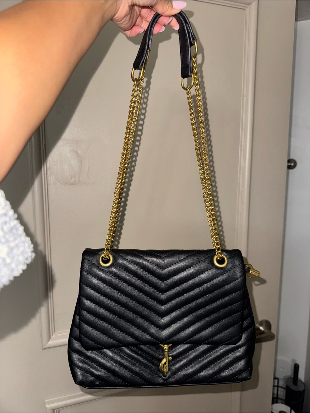 Black Quilted Chain Shoulder Bag with Gold Hardware